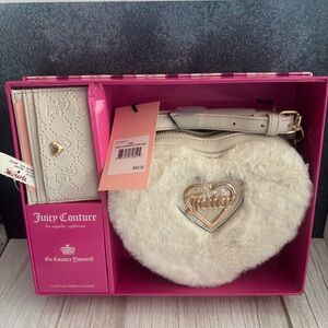 JUICY COUTURE Heart Faux Fur Crossbody Bag Angel Ivory Card Case Gift Set NWT